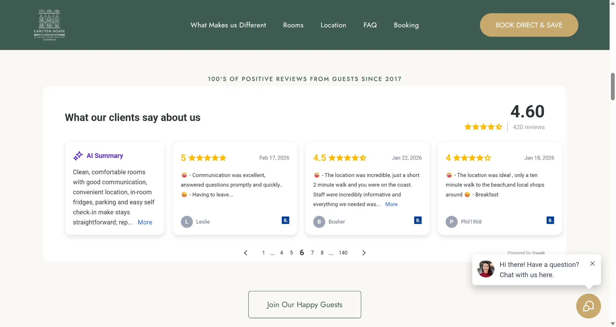 Carlton House Scarborough website showing guest review proof near direct booking content