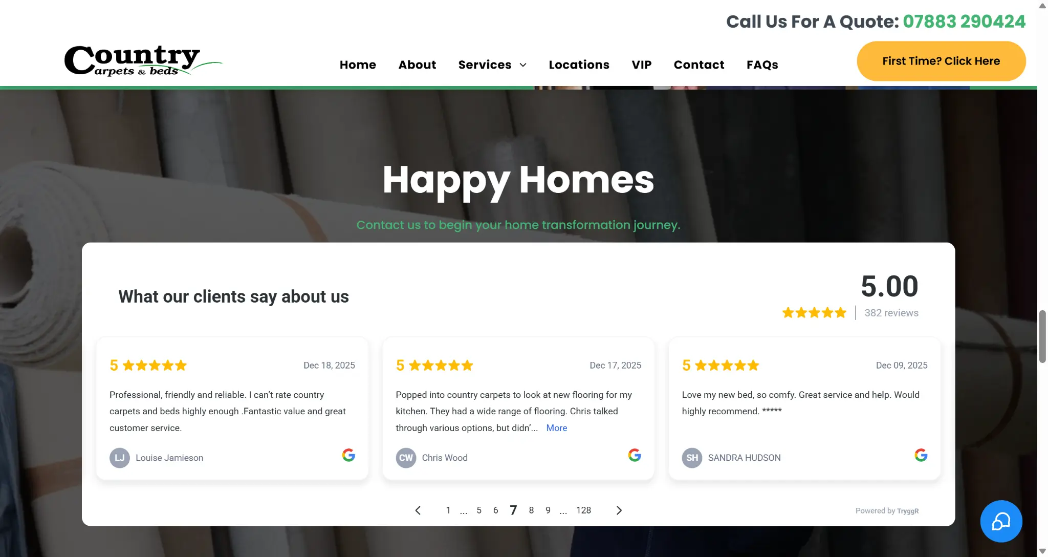 Country Carpets and Beds website showing Google review proof close to home improvement buying content