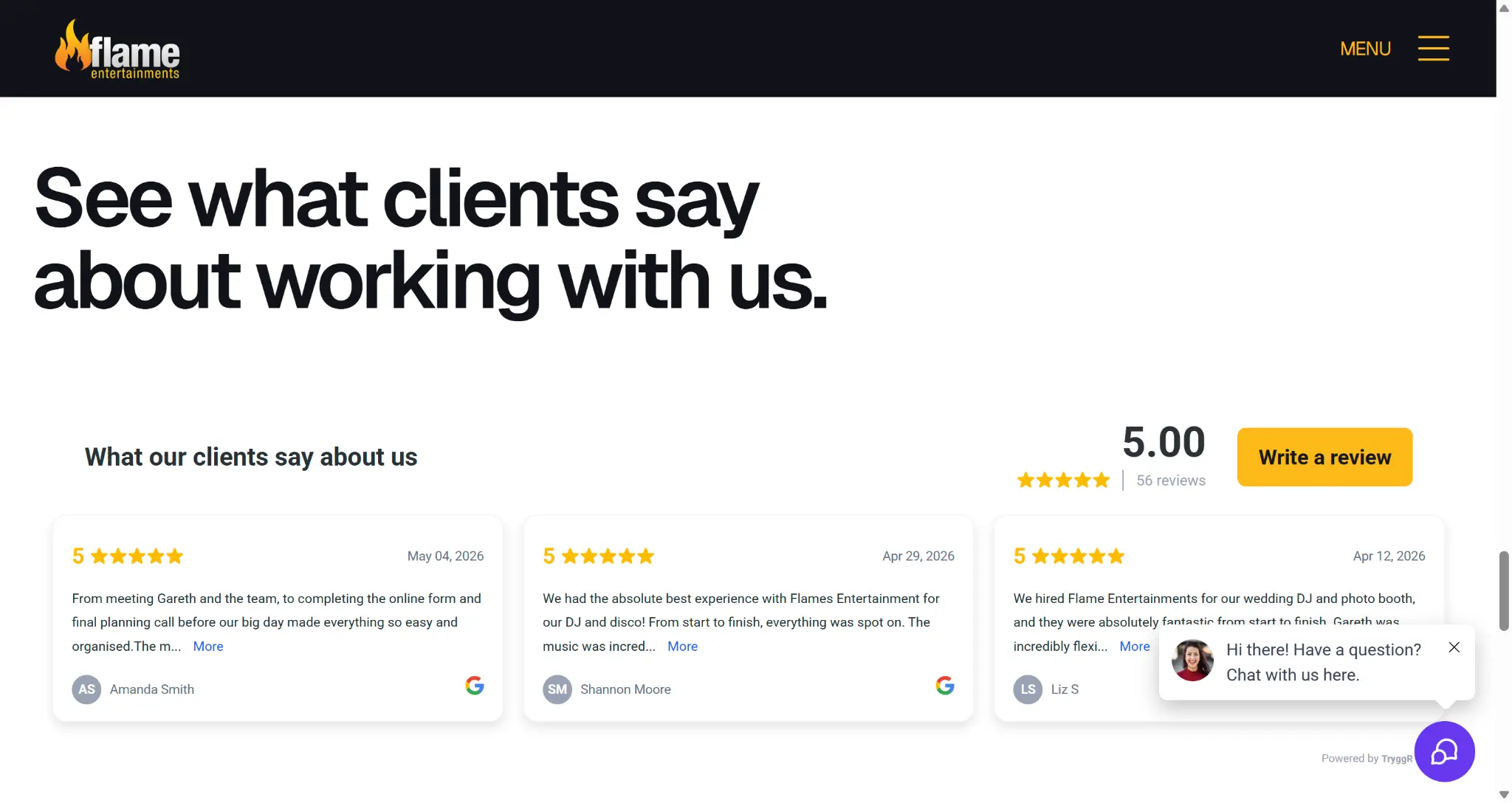 Flame Entertainments website showing review proof that supports event booking confidence