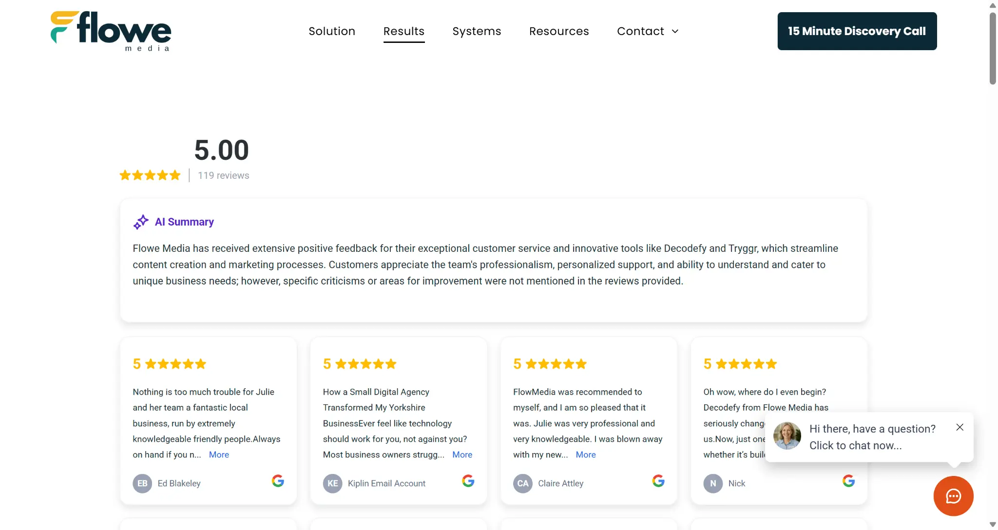 Flowe Media website displaying five star review proof before a discovery call decision