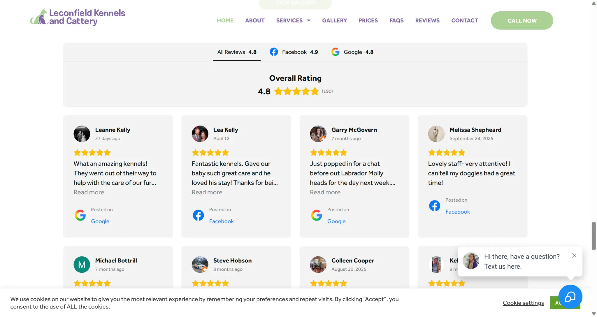 Leconfield Kennels and Cattery website showing customer review proof for pet care reassurance